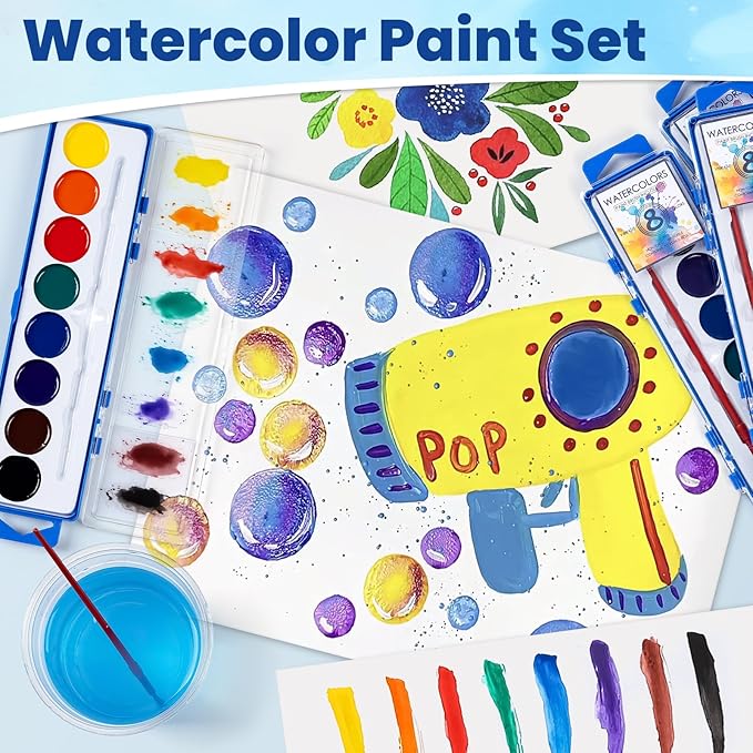 36 Pack Watercolor Paint Set, Washable Watercolor Paint Bulk for Kids, Water Color Paint with Paint Brushes, Ideal Gifts for Party Favors, School Supplies & Classroom Prizes, Art Activities, 8 Colors-CubbioJoy