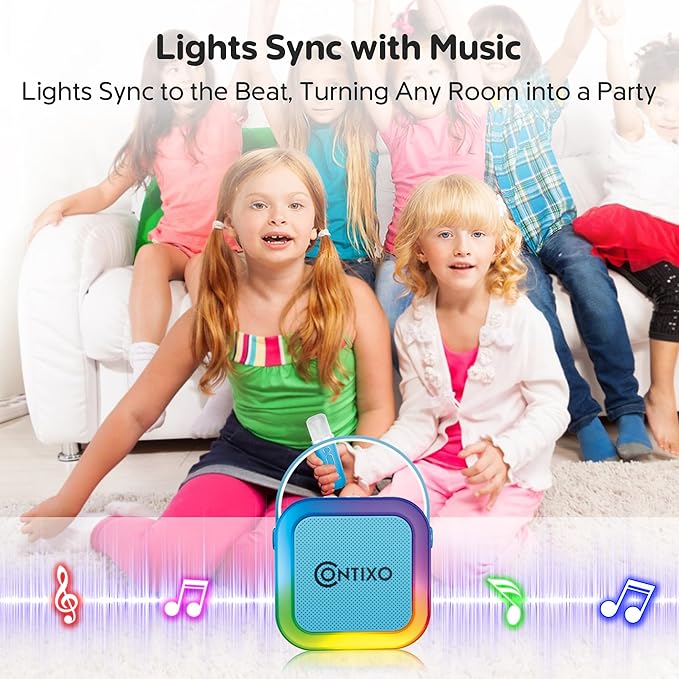 Contixo KS1A Kids Mini Karaoke Machine with LED Lights, 7–10H Playback, Dual Wireless Mics, Magic Voice Effects, Bluetooth Speaker for Children, Portable Singing Toy Gift for Boys & Girls, Blue-CubbioJoy