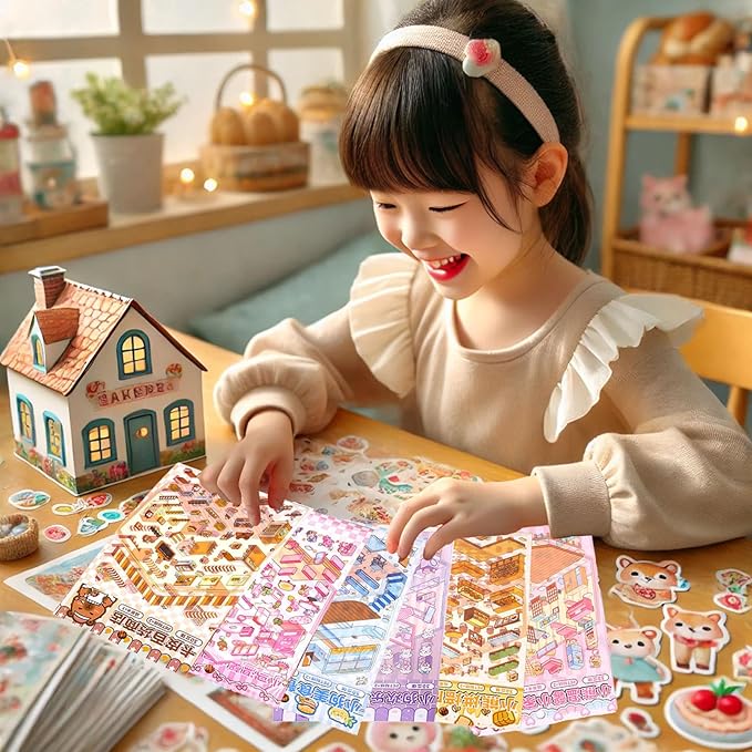 DIY 3D Sticker Scene, 6 Sets of Cute Miniature Isometric Stickers for Kids Adult Therapy Scenes Sticker Reuseable and Waterproof Stickers for Girl-CubbioJoy
