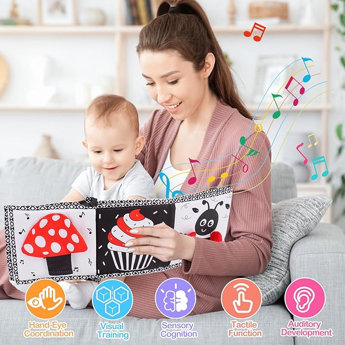 Black and White High Contrast Toys for Baby 0-3 3-6 Months Infant Tummy Time Soft Book Sensory Musical Toy 0-2-4-6 Month Babies Brain Development Montessori Crinkle Book Mirror Newborn Shower Gifts-CubbioJoy