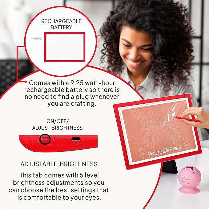 iVyne Rechargeable A4 Light Pad for Tracing & Weeding - LED Light Board for Weeding Vinyl - for Cricut Vinyl Weeding Tools - Ultra-Thin & Portable - Perfect for Artists & Crafters - Red-CubbioJoy