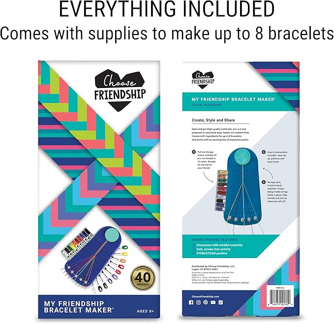 Choose Friendship Bracelet Making Kit – 20 Pre-Cut Threads, Portable Loom with Storage, Makes 8 Bracelets, Craft Gift for Kids Ages 8+, Dark Blue “Blueberry”-CubbioJoy