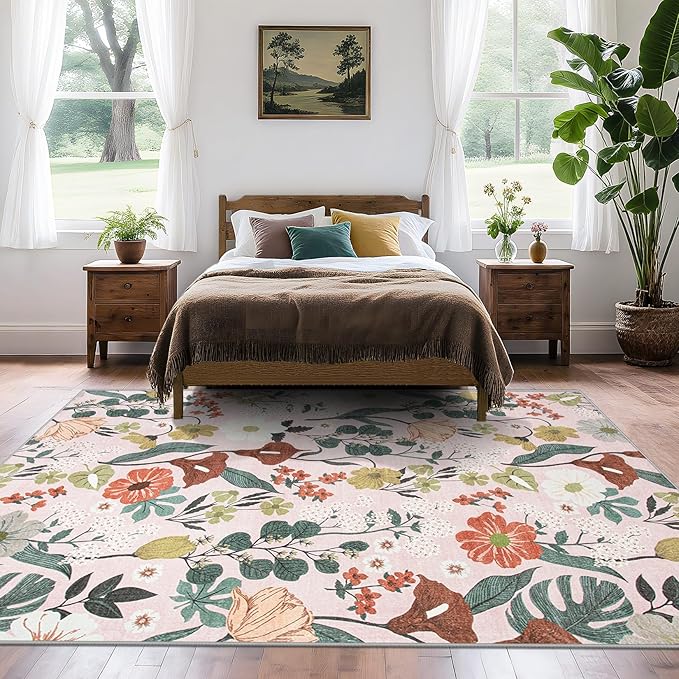 Area Rug Living Room Rugs: 6x9 Washable Rug Vintage Floral Soft Boho Non Slip Carpet Indoor Floor Non Shedding Low Pile Thin Carpets for Bedroom Dining Room Farmhouse Nursery Home Office Light Pink-CubbioJoy
