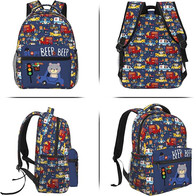 Cartoon Car Animal Backpack For Kids School Boys Girls, Bear & Traffic Light Design, Lightweight Waterproof Ergonomic Backpack For Age 3-5 5-7 7-9 9-12 School Book Bag Daypack Outdoor Play-CubbioJoy