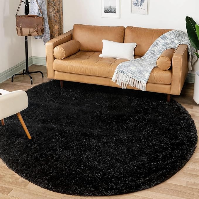 4FT Round Rug for Bedroom: Fluffy Shag Soft Washable Rugs Circle Small Fuzzy Plush Indoor Carpet for Living Room Nursery Playroom Dorm Kids Girls Boys Room (Black, 4'x4')-CubbioJoy