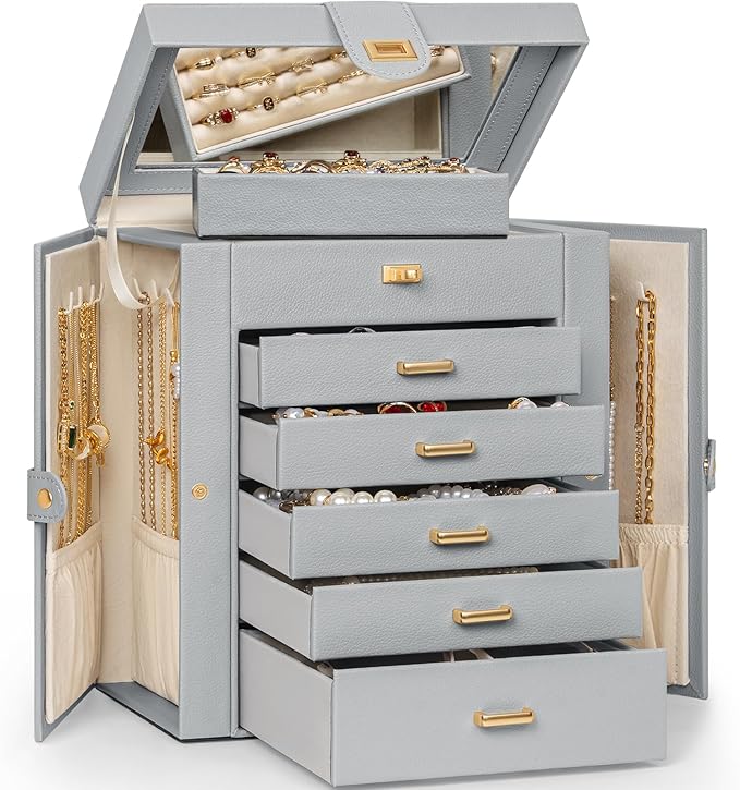AKOZLIN 6-Tier Jewelry Box Organizer Functional 5 Drawers Leather Jewelry Storage Case for Women Girls Ring Necklace Earring Bracelet Holder Organizer with Mirror Grey-CubbioJoy