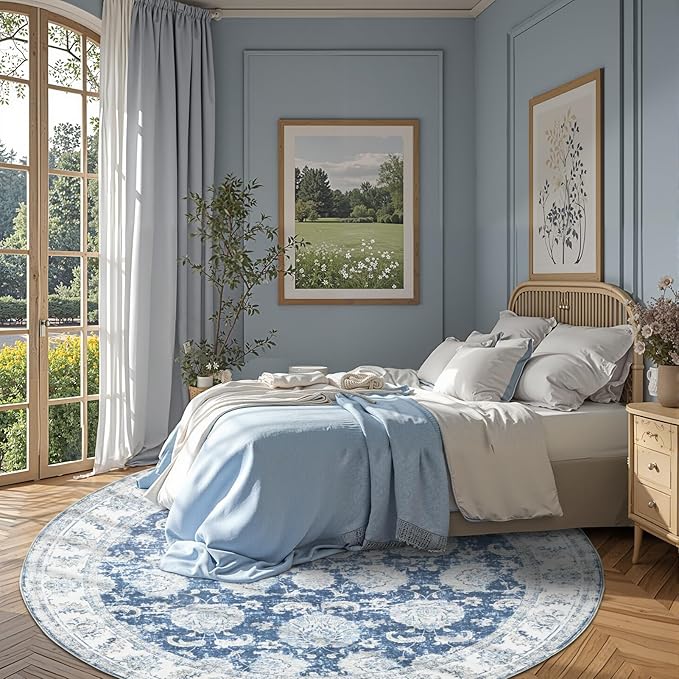 jinchan Round Rug 8ft Area Rug - Dark Blue Vintage Floor Mat Kitchen Indoor Ultra-Thin Soft Floral Print - Washable Circle 8' Retro Accent for Farmhouse Non Slip Dining Room Living Room Bedroom Office-CubbioJoy