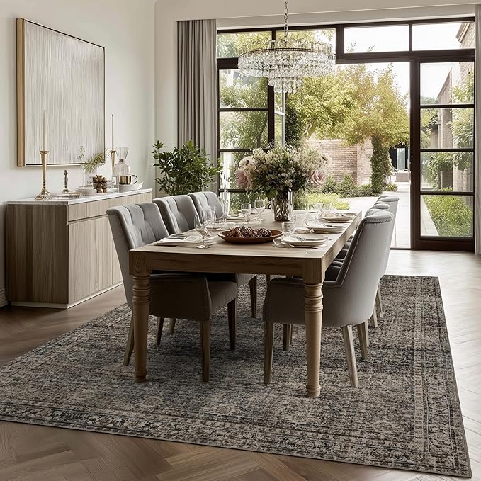 9x12 Area Rug Living Room Rugs, Stain Resistant Washable Rug, Vintage Large Non-Slip Backing, Low Pile Lightweight Print Rug for Bedroom Dinning Room Home Office (Brown)-CubbioJoy