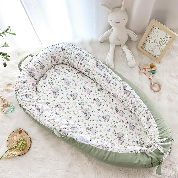 Baby Lounger Cover for Boys Girls, Reversible Baby Nest Cover, Adjustable Baby Lounger Replaceable Cover for Infant Newborn, Portable and Machine Washable, Cotton Green Rabbit Cover Only-CubbioJoy