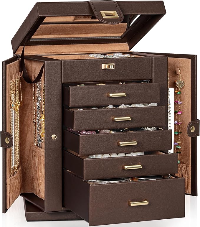 AKOZLIN 360° Rotating Jewelry Box 6-Tier Organizer Functional 360° Rotating Jewelry Storage Case for Women Girls Ring Necklace Earring Bracelet Holder with Mirror Brown-CubbioJoy