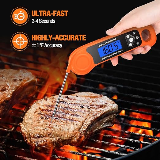 Digital Meat Thermometer for Grilling, Candy Thermometer Instant Read Food Thermometer Waterproof with Backlight for Cooking, Deep Fry, BBQ, Grill, Smoker and Roast (Orange)-CubbioJoy