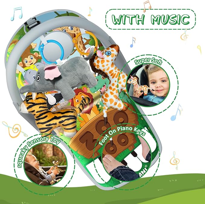Car Seat Toys for 6-12 Months - Musical Pedal Piano with Baby Mirror, Squeaky Sensory Soft Animal Toys for Rear Facing Carseats-CubbioJoy