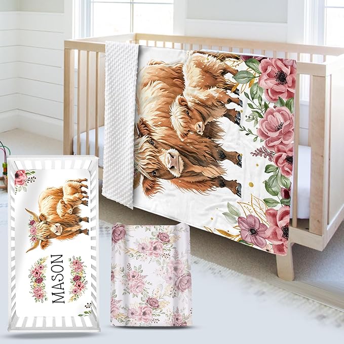 Custom Name Crib Bedding Set - Flower Highland Cow Pattern, Personalized Nursery Bedding 3-Piece Set– Soft Blanket, Fitted Sheet, Changing Pad Cover – for Newborns Girls Nursery Gifts-CubbioJoy