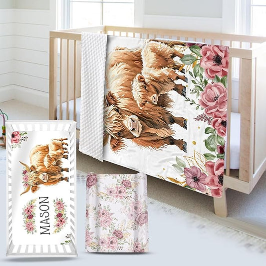 Custom Name Crib Bedding Set - Flower Highland Cow Pattern, Personalized Nursery Bedding 3-Piece Set– Soft Blanket, Fitted Sheet, Changing Pad Cover – for Newborns Girls Nursery Gifts-CubbioJoy