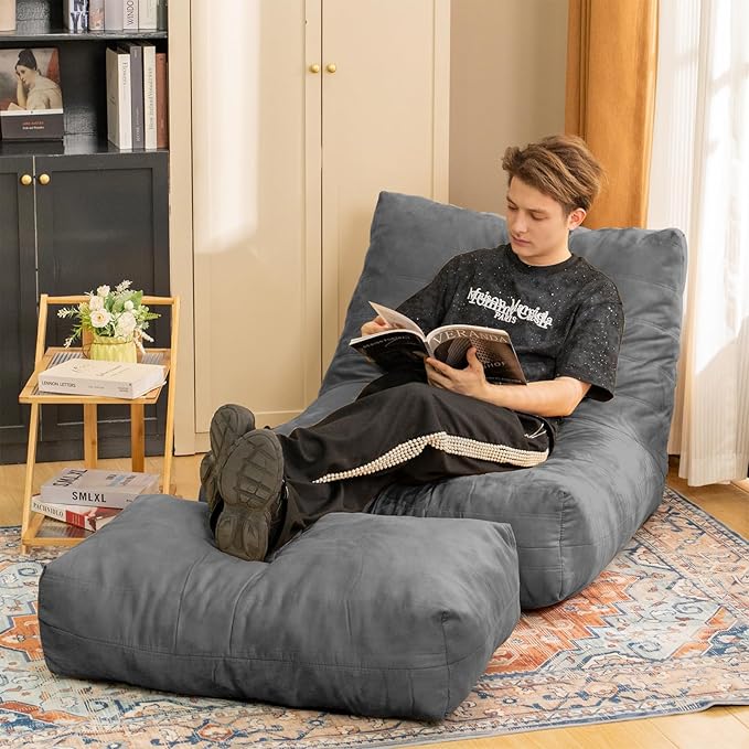 Bean Bag Chair with Ottoman, Comfy Bean Bag Sofa with Memory Foam, Lazy BeanBag Sofa with Footstool, Fireside Bean Bag Couch for Living Room, Bedroom, Apartment-CubbioJoy