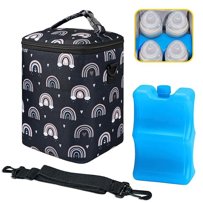 Breastmilk Cooler Bag with Ice Pack Fits 4 Baby Bottles Up to 9 Ounce Insulated Baby Bottle Bag Breast Milk Cooler on the Go with Strap Fits Medela/Dr.Brown's for Nursing Mom Daycare, Work or Travel-CubbioJoy