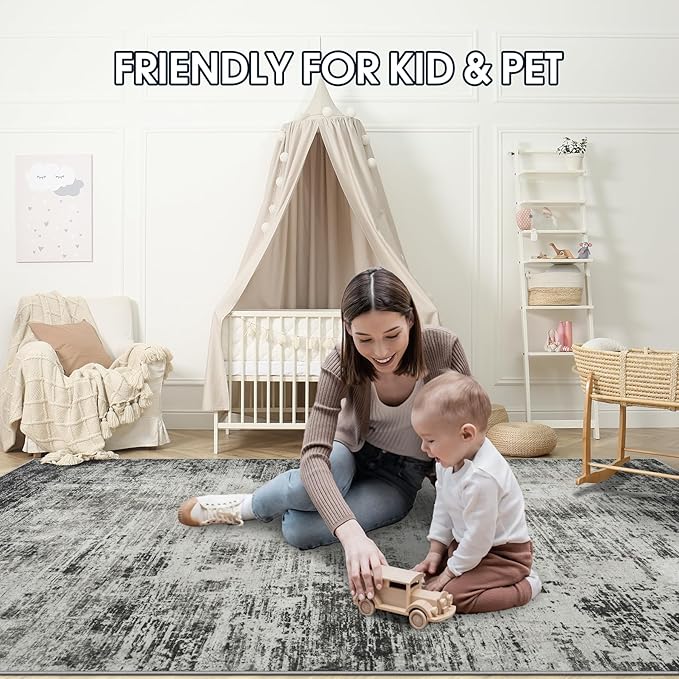 Area Rug 9x12 Washable Rugs: Abstract Large Living Room Rugs with Non-Slip Backing, Stain Resistant Indoor Floor Carpet for Bedroom Dining Room Table Nursery Hallway Home Office-Black/Gray-CubbioJoy