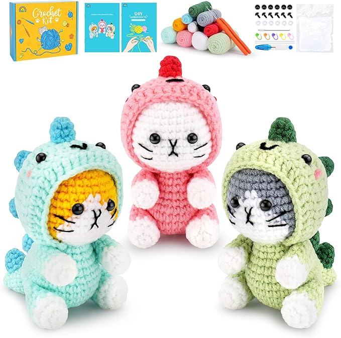Crochet Kit for Beginners - 3 PCS Dinosaur Cat Crochet Kits with Step-by-Step Video Tutorials, Beginner Crochet Kit for Adults Kid, Crochet Animal Kit for Starters, Cat Dressed as Dinosaur Crochet Set-CubbioJoy