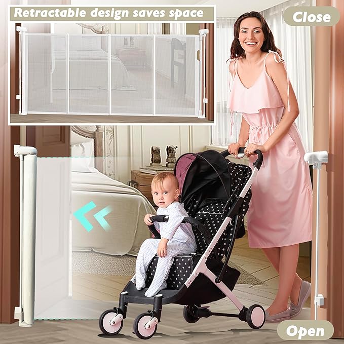 150" Extra Wide Retractable Baby Gates Dog Gate for Large Opening, 41" Extra Tall Mesh Pet Gate, Long Child Safety Gates with Fiberglass Rods for Stairways, Doorways, Hallways - Indoor/Outdoor Use-CubbioJoy