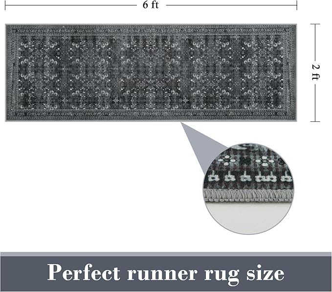 2x6 Washable Kitchen Runner Rug for Hallways, Non Slip Laundry Runners for Bathroom, Low Pile Rubber Backed Rugs for Entryway, Vintage Floral Carpet for Living Room Bedroom Black/Gray-CubbioJoy