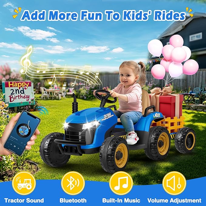 24V Ride On Tractor w/Tiltable & Detachable Trailer, 2x65W Motors, EVA Tires, Remote Control, Bluetooth, Shifter, Music, Electric Car for Kids Ages 2-5, Blue-CubbioJoy