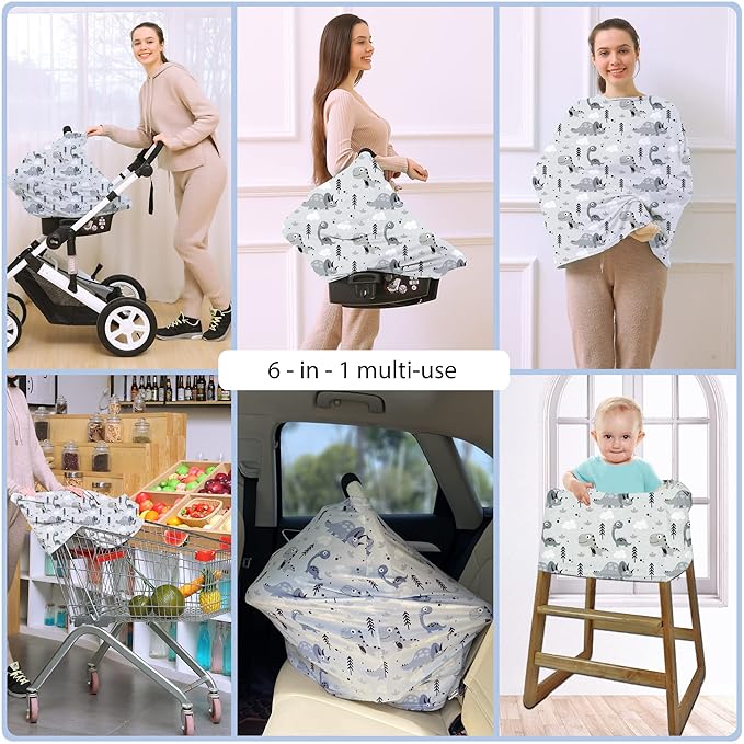 Car Seat Covers for Babies - Multi- use Nursing Carseat Canopy, Breastfeeding Covers, Baby Shower Gifts for Boys and Girls (Grey Dinosaur)-CubbioJoy