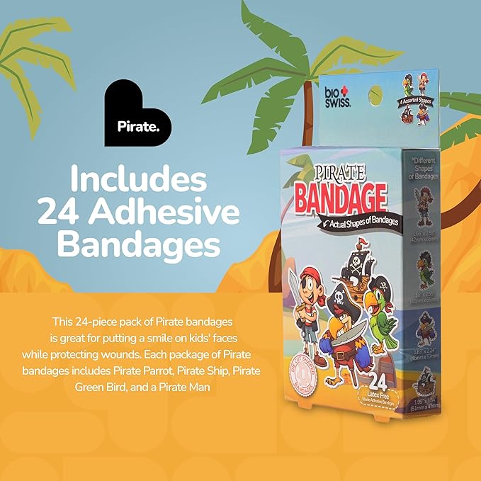 BioSwiss Bandages, Pirate Shaped Self Adhesive Bandage, Latex Free Sterile Wound Care, Fun First Aid Kit Supplies for Kids and Adults, 24 Count-CubbioJoy
