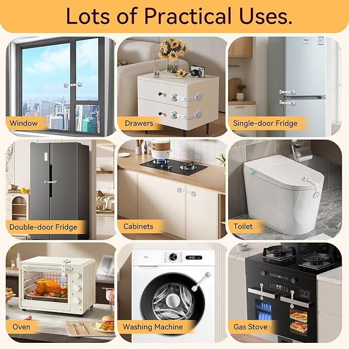 2 Pack Cabinet Locks/Refrigerator Locks Baby Proofing - Child Proof Locks for Drawer, Refrigerator, Fridge, Toilet Seat-No Screws or Tools Required (2 Pack-Grey Locks)-CubbioJoy