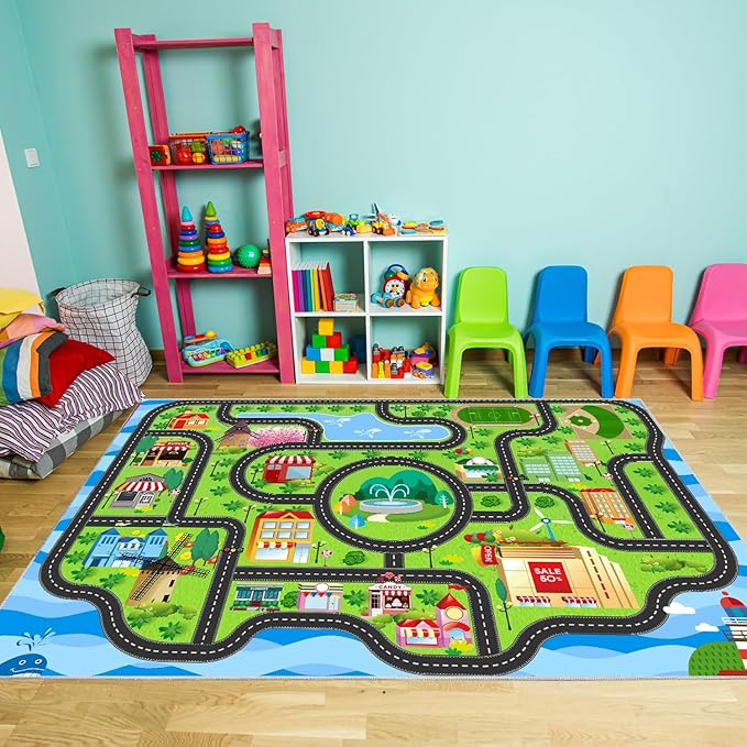 Car Rug,Kids Play Rug with Roads,Playroom Toy Car Rug, Car Track Rug City Map for Bedroom Classroom - (110X78.7 Inches)-CubbioJoy