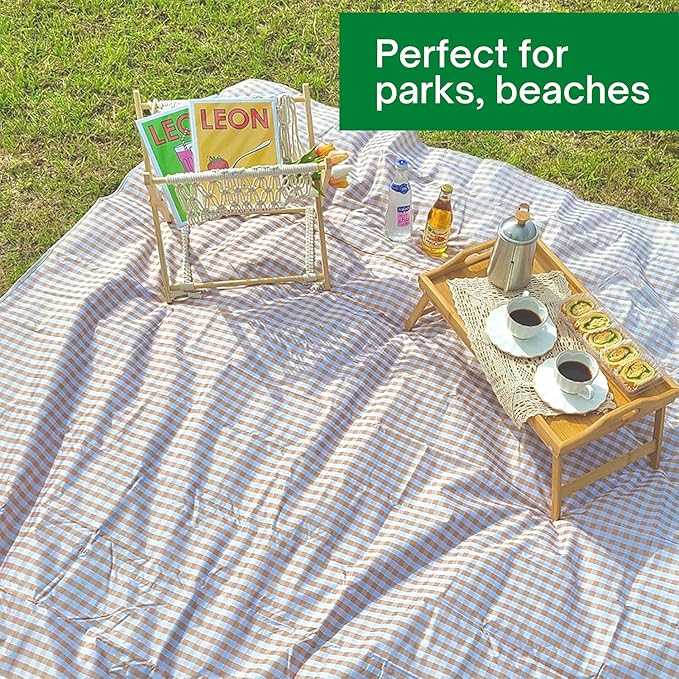 Cute Gingham Picnic Blanket, Waterproof Foldable, in Large 80x60in and Extra Large 80x80in, Portable Compact Beach Blanket, Oversized XL Outdoor Mat (Tan, X-Large)-CubbioJoy
