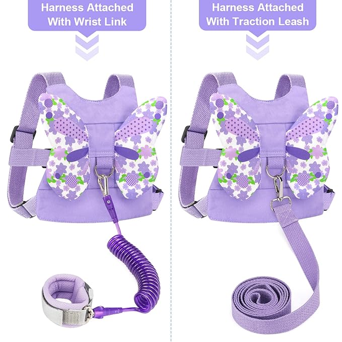 Accmor Toddler Harness Leash + Anti Lost Wrist Link, Kids Butterfly Harnesses With Children Leashes, Cute Baby Leash Walking Assistant Wristband Strap Tether for Girls Outdoor (Purple)-CubbioJoy