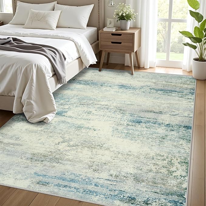 5x7 Area Rugs for Lliving Room Bedroom, Abstract Washable Rugs with Non-Slip Backing, Stain Resistant Thin Carpet for Dorm Dining Room Table Nursery Indoor Home Office-Blue/Gray-CubbioJoy