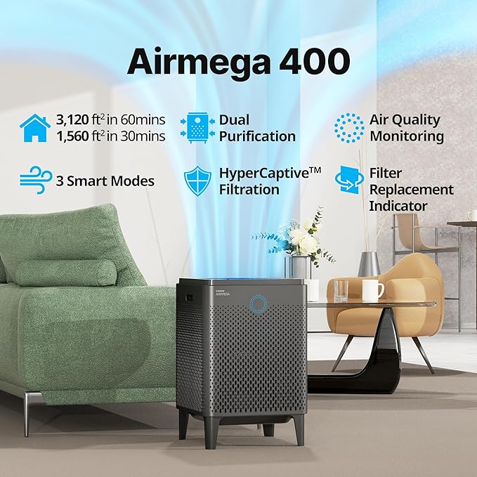 COWAY Air Purifiers for Home Large Room Up to 3,120ft², 2 Sets of Washable Pre-Filters and True HEPA Filters for Smoke, Allergies, Pet Dander, Odor, AQI, Auto & Sleep Mode, Timer, 5yr Warranty, 400(G)-CubbioJoy