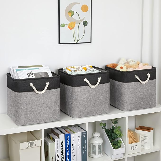 Bidtakay Fabric Cube Storage Bins for Organizing 13x13 Large Storage Baskets Decorative Storage Bins for Home Storage Set of 3 Shelf Organizer Bins for Toy Storage (Black&grey)-CubbioJoy