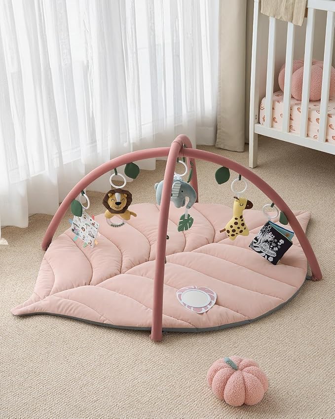 Blissful Diary Baby Play Gym & Activity Mat, Oversize Leaf Shaped Tummy Time Baby Play Mat w 6 Detachable Toys Promotes Motor Skills & Sensory Development, Newborn Infant Essentials Gift, Crystal Pink-CubbioJoy