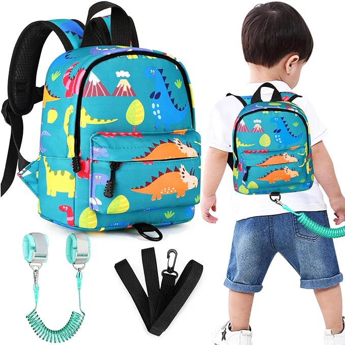 Accmor Toddler Backpack Leash with Anti Lost Wrist Link, Cute Mini Child Walking Harnesses Keep Kids Close Back Pack Rope Tether Rein for Baby Boys (Turquoise/Dino)-CubbioJoy