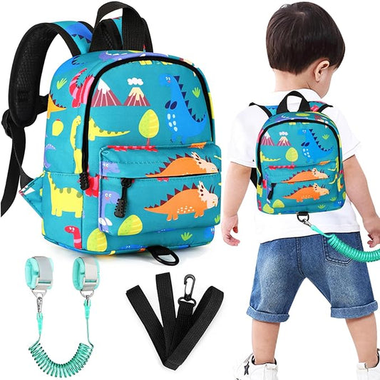 Accmor Toddler Backpack Leash with Anti Lost Wrist Link, Cute Mini Child Walking Harnesses Keep Kids Close Back Pack Rope Tether Rein for Baby Boys (Turquoise/Dino)-CubbioJoy