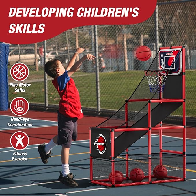 Basketball Arcade Game Indoor Outdoor, Kids Basketball Hoop with 4 Balls & Pump, Single Shot Basketball Game at Home, Carnival Games Sport Toys Gifts for Boys Girls Teens-CubbioJoy