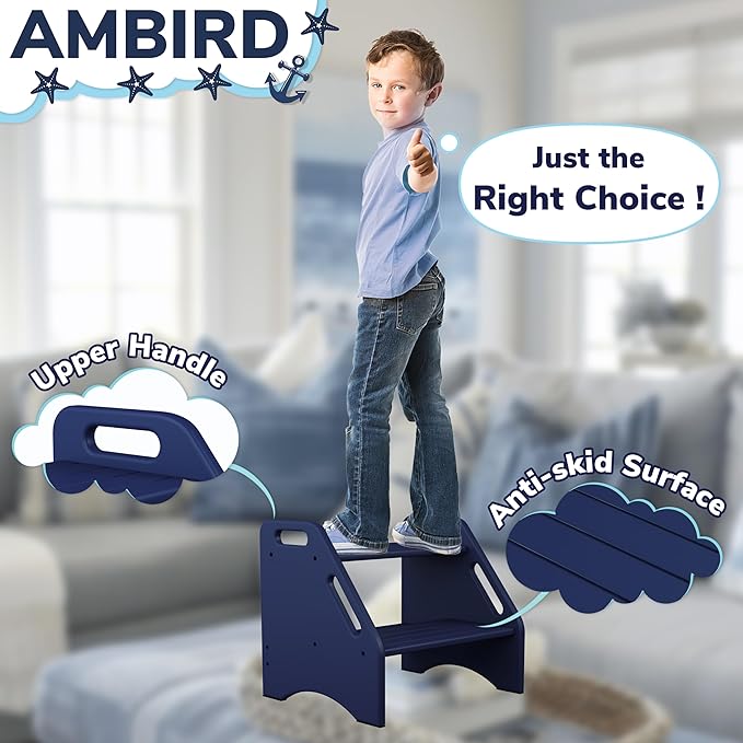 AMBIRD Wooden Step Stool, Two Step Stools Toddler 300 lbs Capacity with Safety Non-Slip Pads and Handles, Bamboo Step Stool for Bathroom, Kitchen Dual Height Step Stools for Kids (Navy Blue)-CubbioJoy