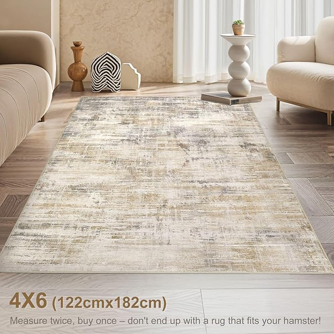 Area Rug for Living Room: 4x6 Washable Neutral Abstract Modern Soft Rugs Non Slip Indoor Floor Stain Resistant Carpet for Bedroom Dining Room Office Nursery - Golden Brown-CubbioJoy