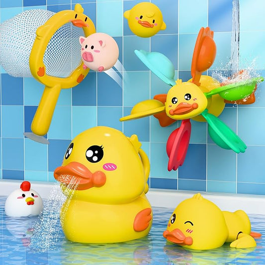 iPlay, iLearn Baby Duck Bath Toy, Toddler Bathtub Suction Water Spinner Gear, Kid Shower Fishing Game W/ Net, Light up Animal, Wind up Swimming Duck, Birthday Gift 6 9 12 Month 1 2 3 Year Old Boy Girl-CubbioJoy