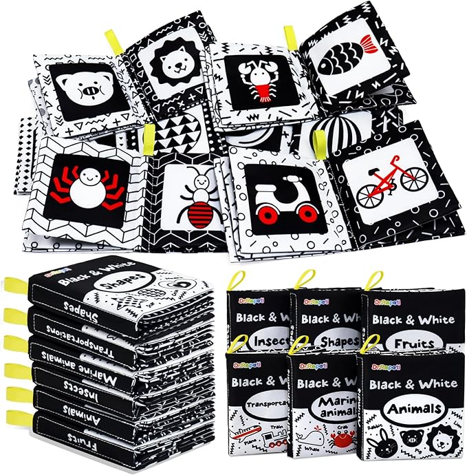 Dr.Rapeti Soft Cloth Books Baby Books Bath Books 6-Pack for Baby Infant Toddler Kids High Contrast Black and White Crinkle Washable Chewable Non-Toxic Early Educational Giftable-CubbioJoy