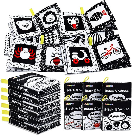 Dr.Rapeti Soft Cloth Books Baby Books Bath Books 6-Pack for Baby Infant Toddler Kids High Contrast Black and White Crinkle Washable Chewable Non-Toxic Early Educational Giftable-CubbioJoy