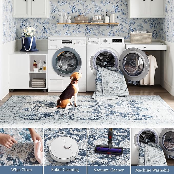 jinchan Runner Rug 2x5 Machine Washable Hallway Rug Dark Blue Vintage Floral Print Non-Slip Low Pile Ultra-Thin for Kitchen,Entryway,Laundry Room,Bedroom,Farmhouse (2‘x5’,Dark Blue)-CubbioJoy