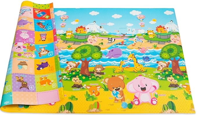 Baby Care Play Mat (Large, Playful - Pinko & Friend) 82'' x 55'' Original One-Piece Reversible Rollable Waterproof Play Mat for Infants, Babies, Toddler, and Kids-CubbioJoy