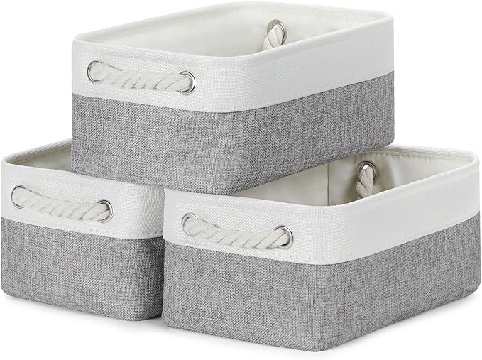 Bidtakay Small Baskets Fabric Storage Baskets for Organizing 3-Pack 12x8x5 Inch Collapsible Storage Bins for Shelves Canvas Bins for Closet Organization Home Baskets Storage Linen Closet S-White&Grey-CubbioJoy