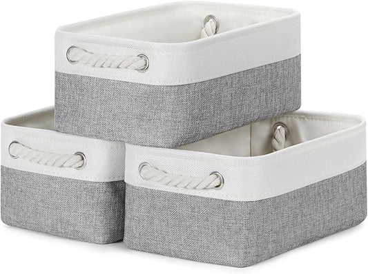 Bidtakay Small Baskets Fabric Storage Baskets for Organizing 3-Pack 12x8x5 Inch Collapsible Storage Bins for Shelves Canvas Bins for Closet Organization Home Baskets Storage Linen Closet S-White&Grey-CubbioJoy