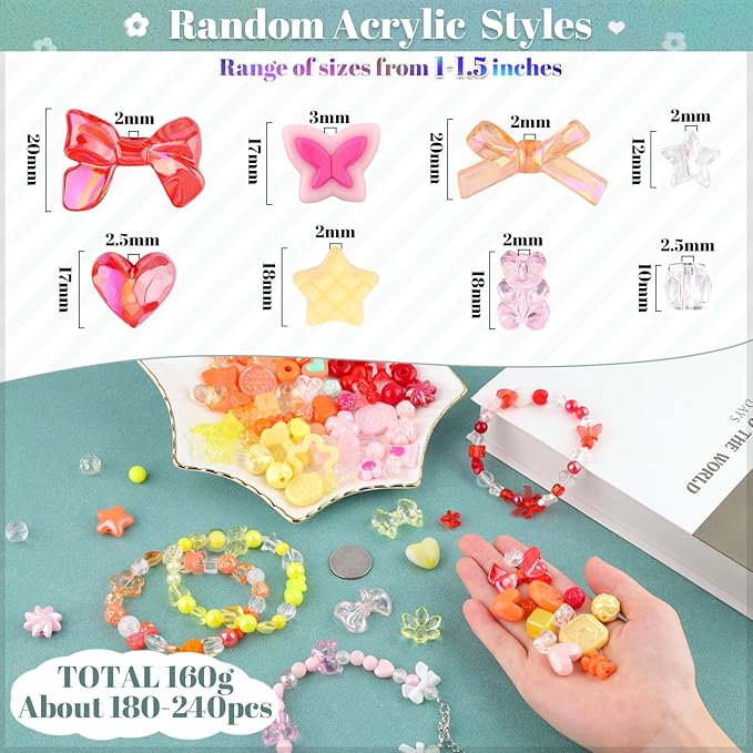 Assorted 180-240PCS Acrylic Beads For Bracelet Making, Flower Bow Butterfly Candy Gummy Bear Kawaii Aesthetic Bracelet Charms,Cute Beads For Jewelry Making DIY Necklace Keychain Phone Charm-CubbioJoy