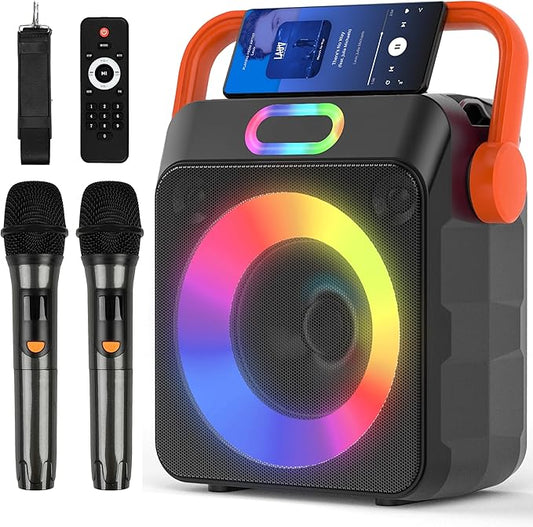 Karaoke Machine with 2 Wireless Microphones, Karaoke Machine for Adults & Kids, Portable Bluetooth Karaoke Speaker with Bass/Treble Adjustment, PA System, LED Lights, Supports TWS/USB/TF/REC/FM/AUX-CubbioJoy