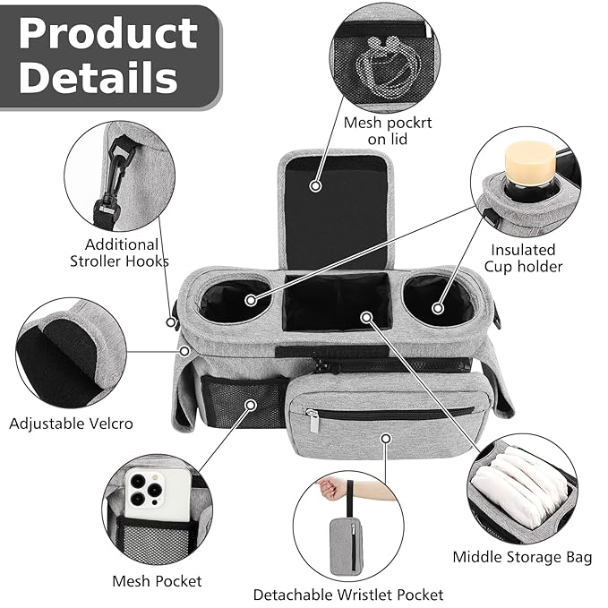 Accmor Universal Stroller Organizer with Insulated Cup Holder Detachable Phone Bag and Shoulder Strap,Stroller Bag Caddy Organizer Fits for Uppababy, Baby Jogger, Britax Strollers-CubbioJoy